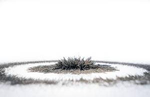 Iron filings shaped into a circular pattern by an unseen magnet