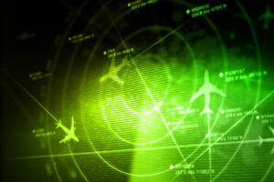 An air traffic control radar panel displaying the locations and other vital information about several airplanes.