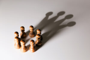 Eight chess pawns arranged in a circle, casting a shadow that looks like a crown.