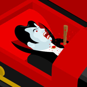 A vampire lying a coffin who has been stabbed through the heart with a wooden stake.