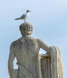 A seagull perched on the head of a human statue 